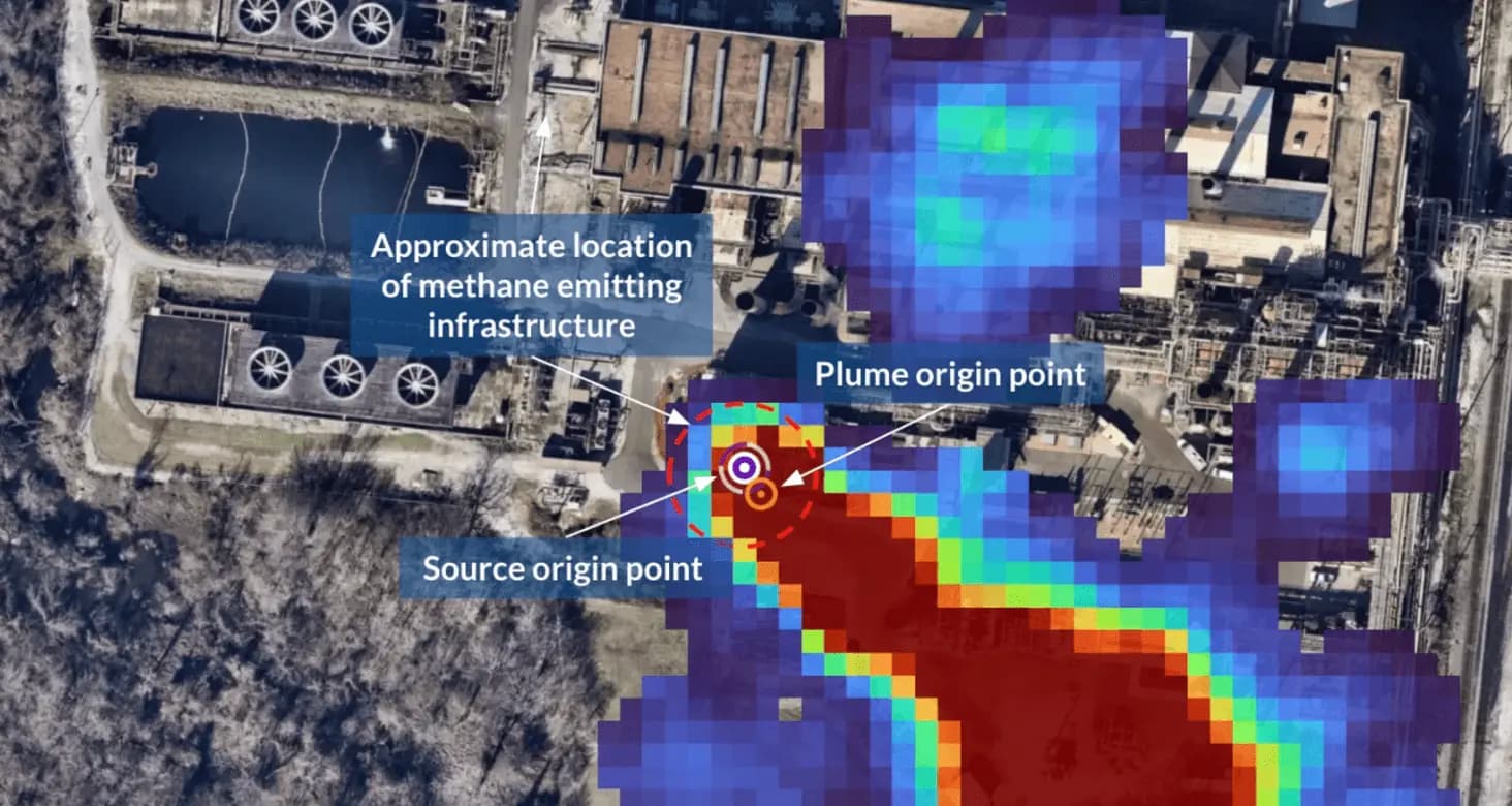 Example of a methane source at an oil and gas refinery and a plume attributed to that source.