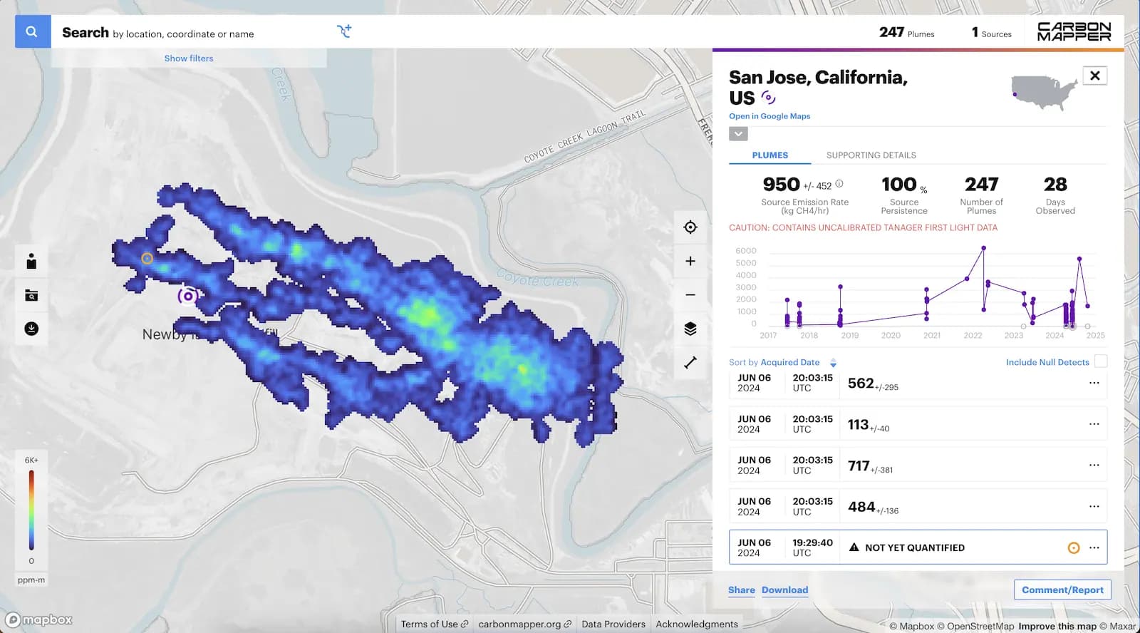 Data portal showing plumes over time at a single source at the Newby Island Landfill, Milpitas, CA