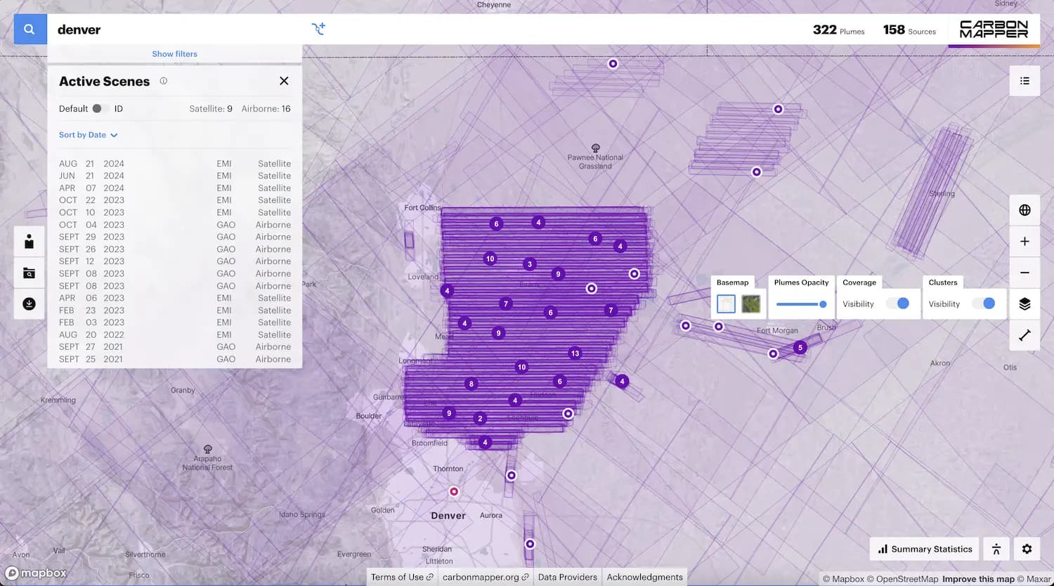 Scene outlines are shown in the Carbon Mapper data portal with a list of  active scenes selected for a particular emission source south of Greeley, CO.