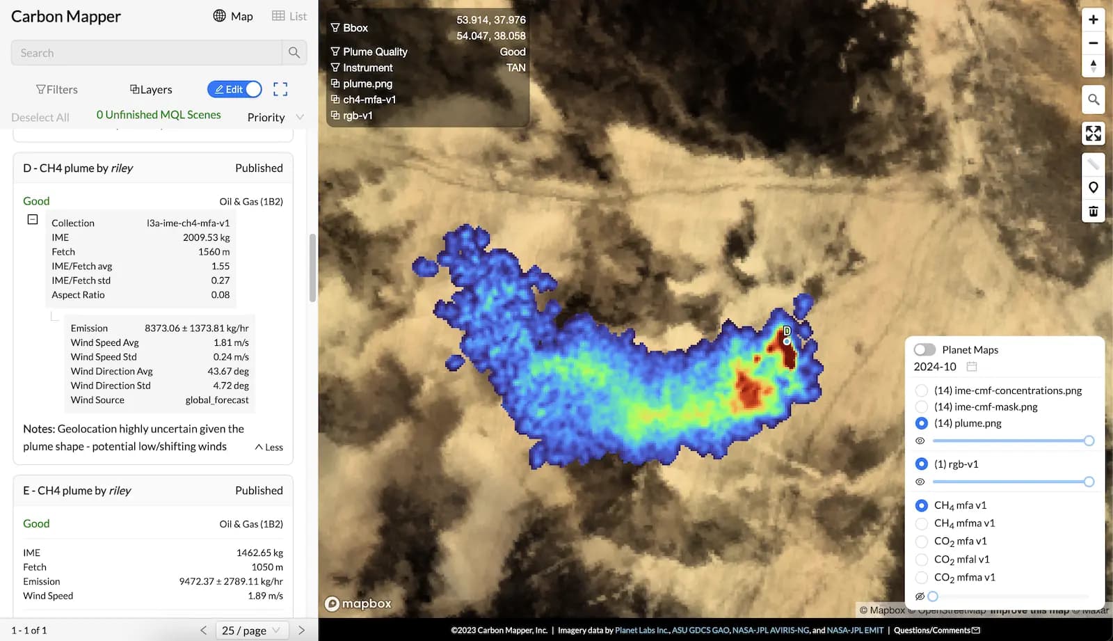 Quality assessment tools for final review of Level 3A methane plume images.