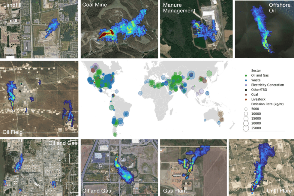 Strong point sources of methane emissions come from a variety of sources and processes across different sectors. This graphic shows examples of methane plumes available on the Carbon Mapper Data Portal.