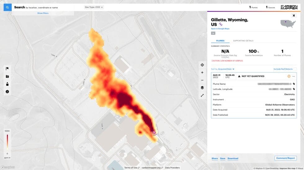 A carbon dioxide plume observed in Gillette, Wyoming, is shown on the Carbon Mapper data portal.