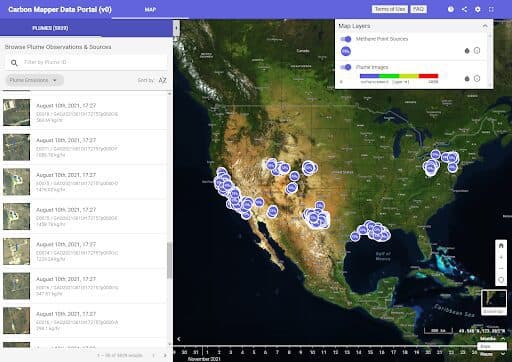 Image of Carbon Mapper data portal showing plumes over the United States