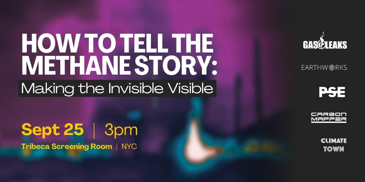 a graphic card with information about the methane storytelling event at new york climate week 2025