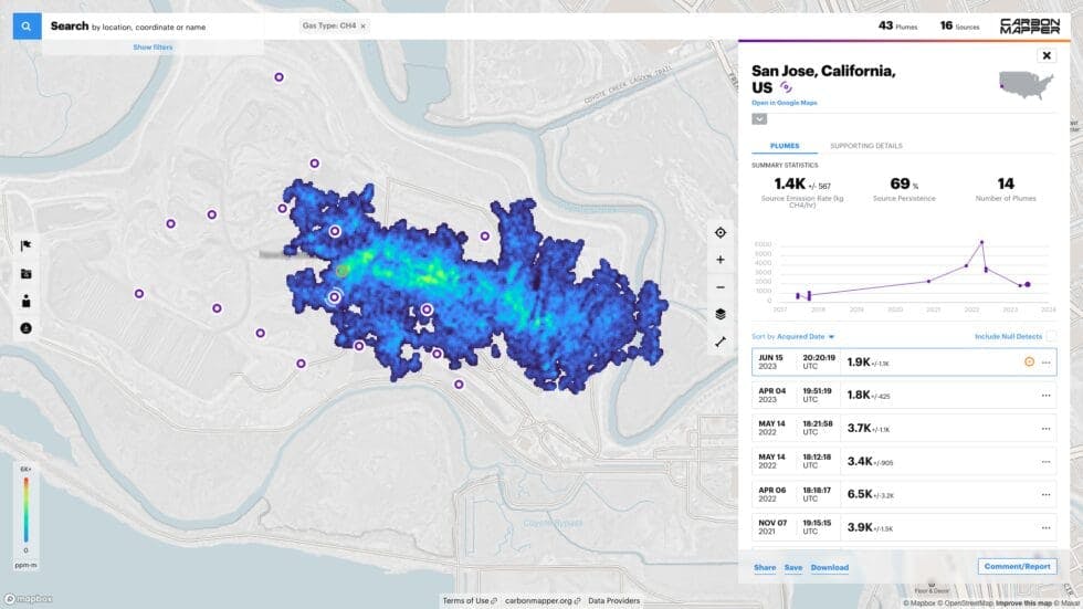 A methane plume observed in San Jose, California, is shown on the Carbon Mapper data portal.