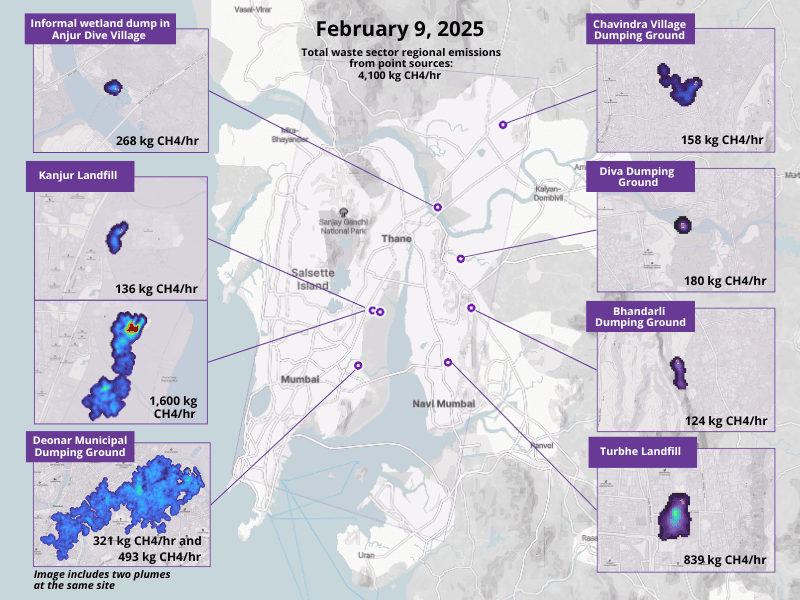 Nine methane plumes from seven landfills and dumpsites across the Mumbai region were observed in a single Tanager-1 scene on February 9, 2025.