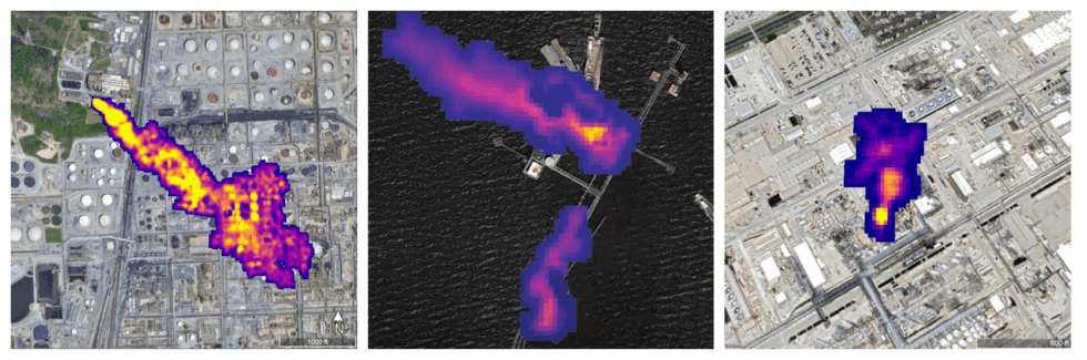 Plumes of methane emissions at three individual oil and gas sources detected by Carbon Mapper airborne surveys using NASA JPLs AVIRIS-NG and the Arizona State University Center for Global Discovery and Conservation Science’s Global Airborne Observatory (GAO)