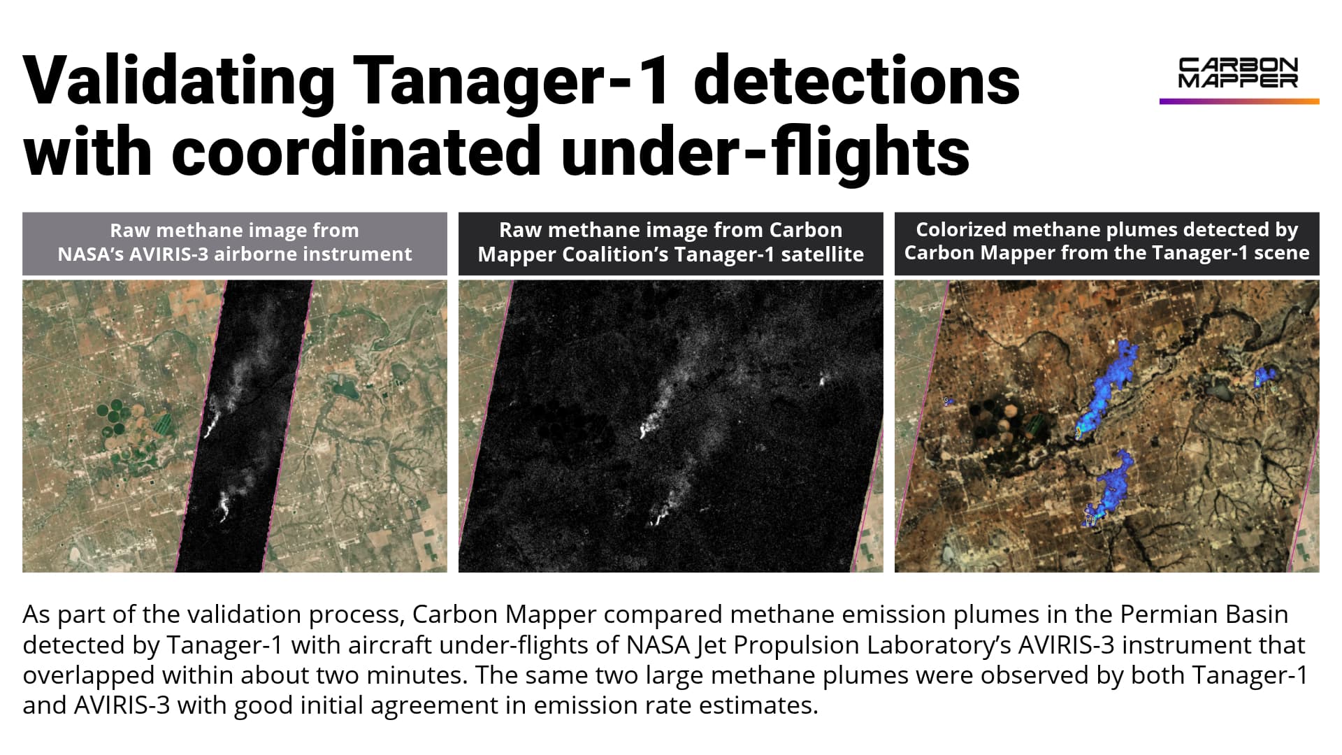 A collage of three images taken from space shows raw methane plumes and colored plumes detected by both satellite and aircraft.