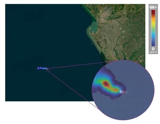 a close up view of a plume of methane over the water, coming from offshore oil and gas activity off the coast of congo