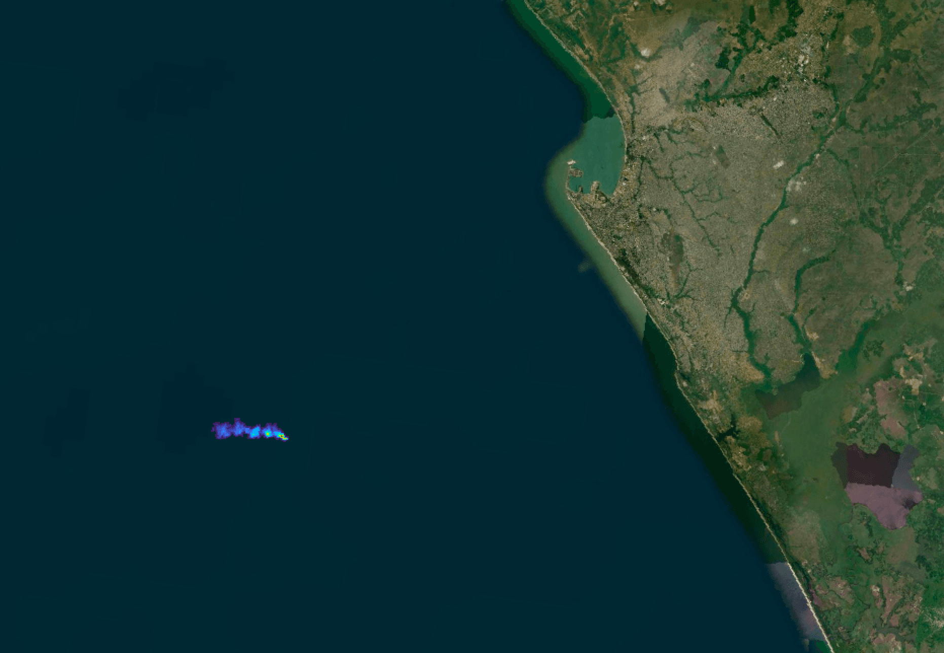 a methane plume is visible above the water offshore, off the coast of congo 
