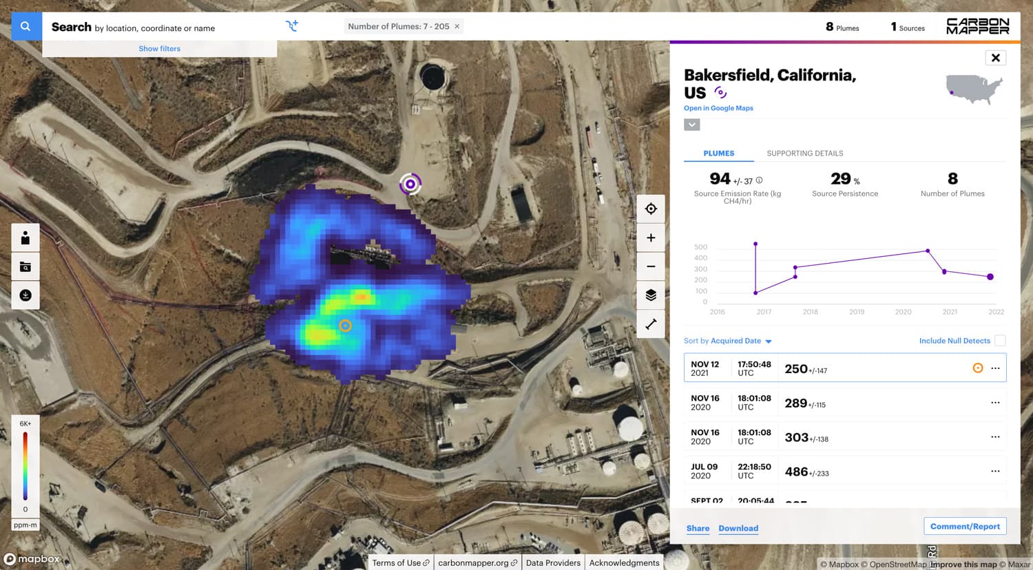 Carbon Mapper's data portal showing a plume in California.