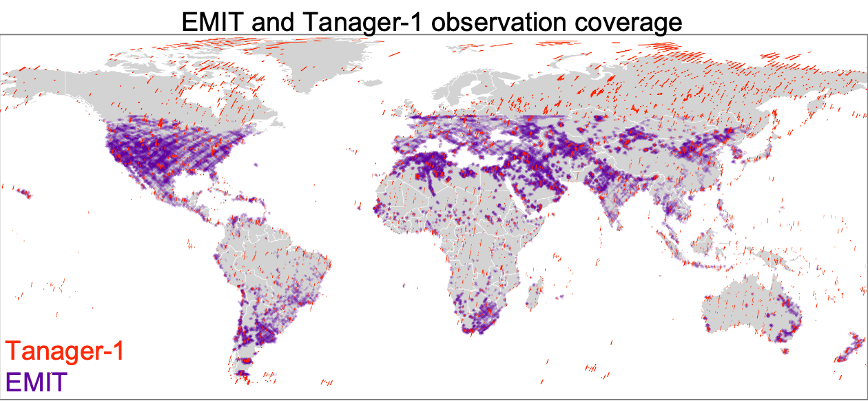 Figure 2. Map of observed areas with satellite shows the regions of the world where we have surveyed with satellites (EMIT, Tanager-1) with EMIT and Tanager-1 scenes shown as purple and red rectangles, respectively (data.carbonmapper.org).