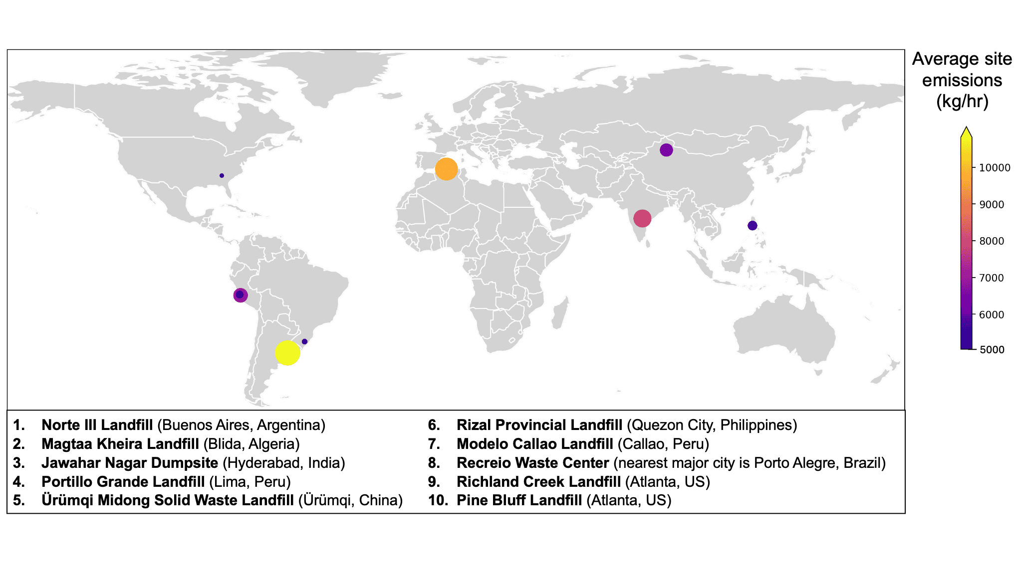 A map of the world shows the landfills and dumpsites with the highest average methane emissions