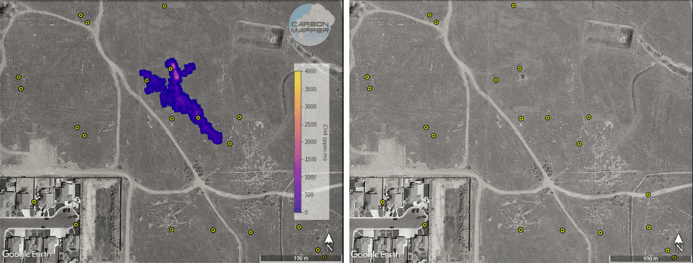 Image showing methane plumes from two oil wells near a Bakersfield neighborhood