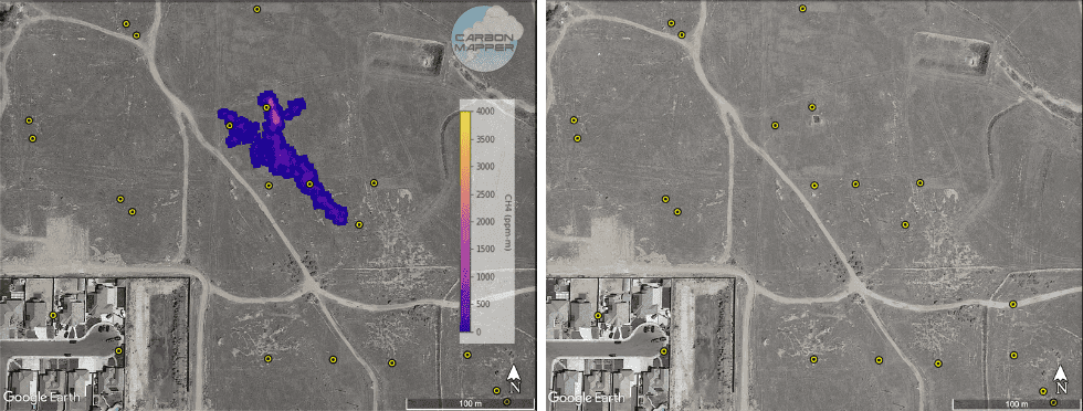 Image showing methane plumes from two oil wells near a Bakersfield neighborhood