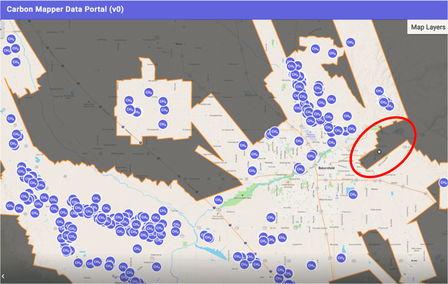 Coverage map of previous California Methane Survey overflights between 2016 and 2021 for the Bakersfield area