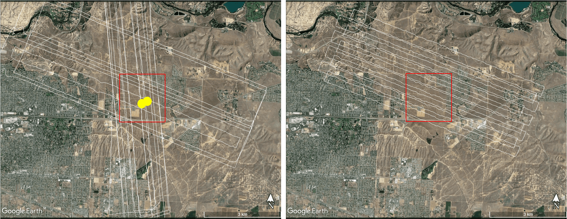 Satellite image of 2 areas: White outlines indicate the areas imaged by AVIRIS-NG on May 20 (left) and May 23 (right), 2022