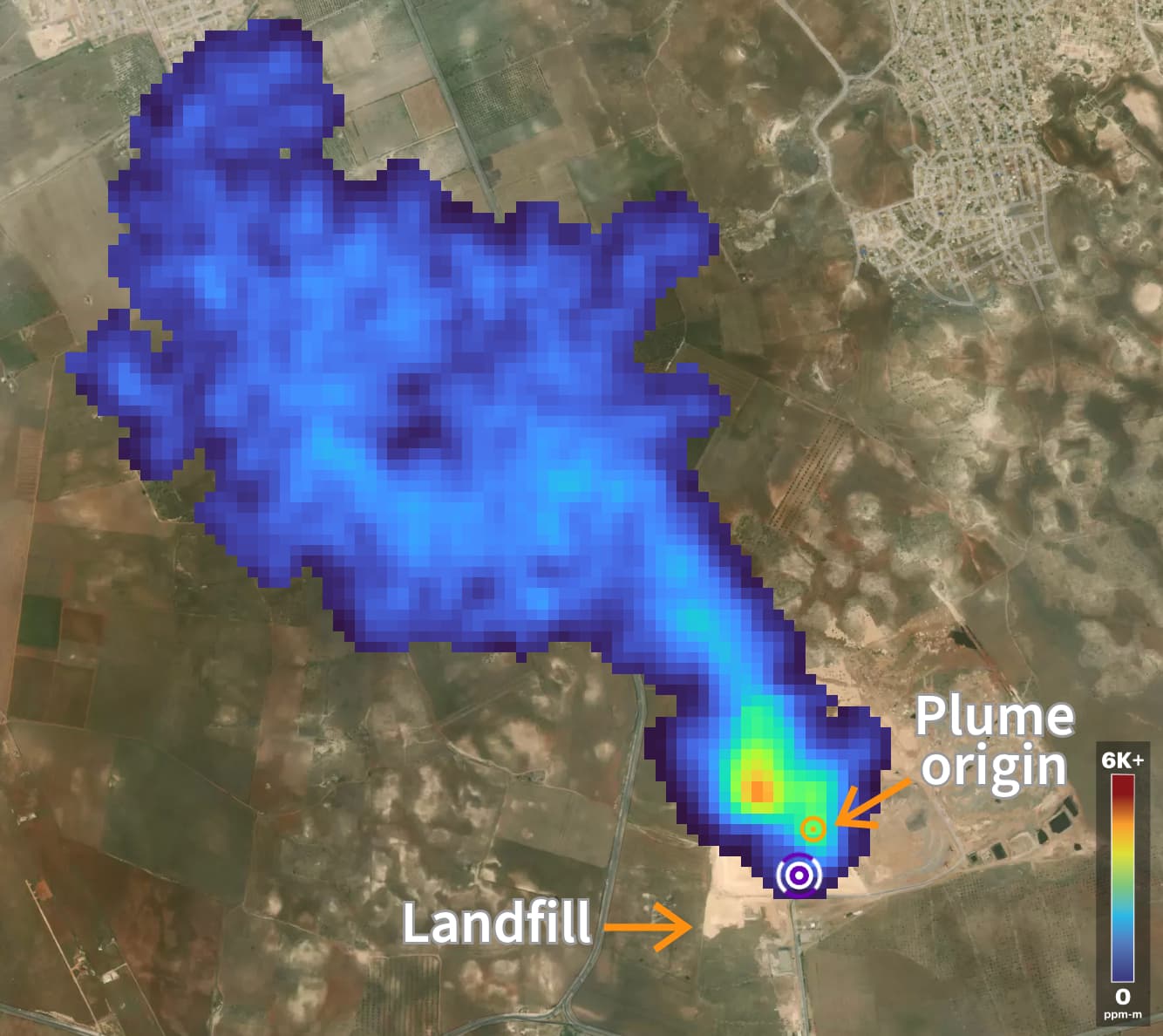 a methane plume with intensity color bar over algeria