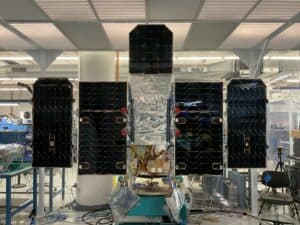 Image of Tanager-1 during a recent successful solar array deployment test, conducted to ensure proper function in space. (Photo: Planet Labs)