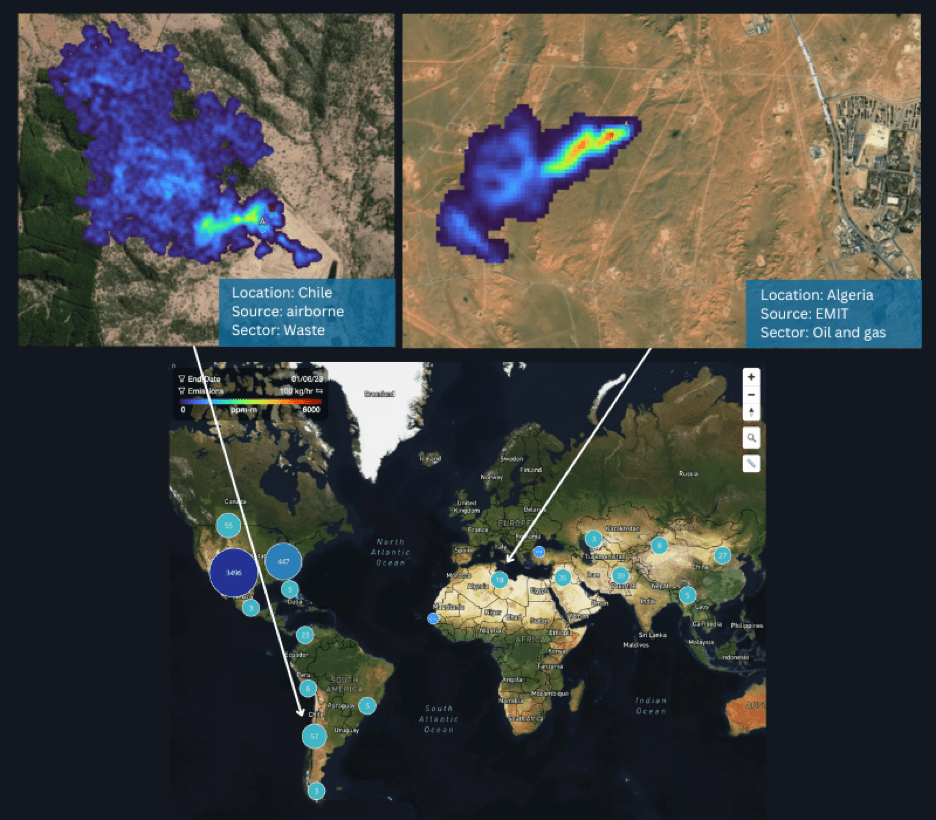 A methane plume observed by Carbon Mapper airborne surveys in Chile from the waste sector, and one observed by NASA JPL’s EMIT in Algeria from the oil and gas sector are examples of new global data now available on the Carbon Mapper Data Portal.