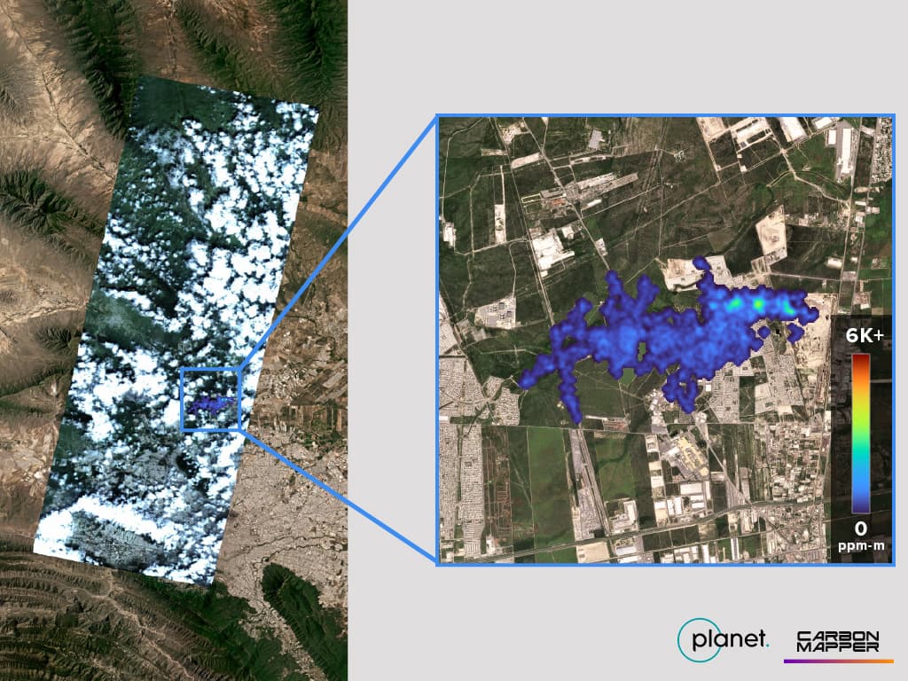 On the background of a satellite image, a methane plume can be seen across a stretch of Mexico. The plume is zoomed in on, and you can see it is colored with a gradient that matches the methane emissions intensity of the plume's emissions.