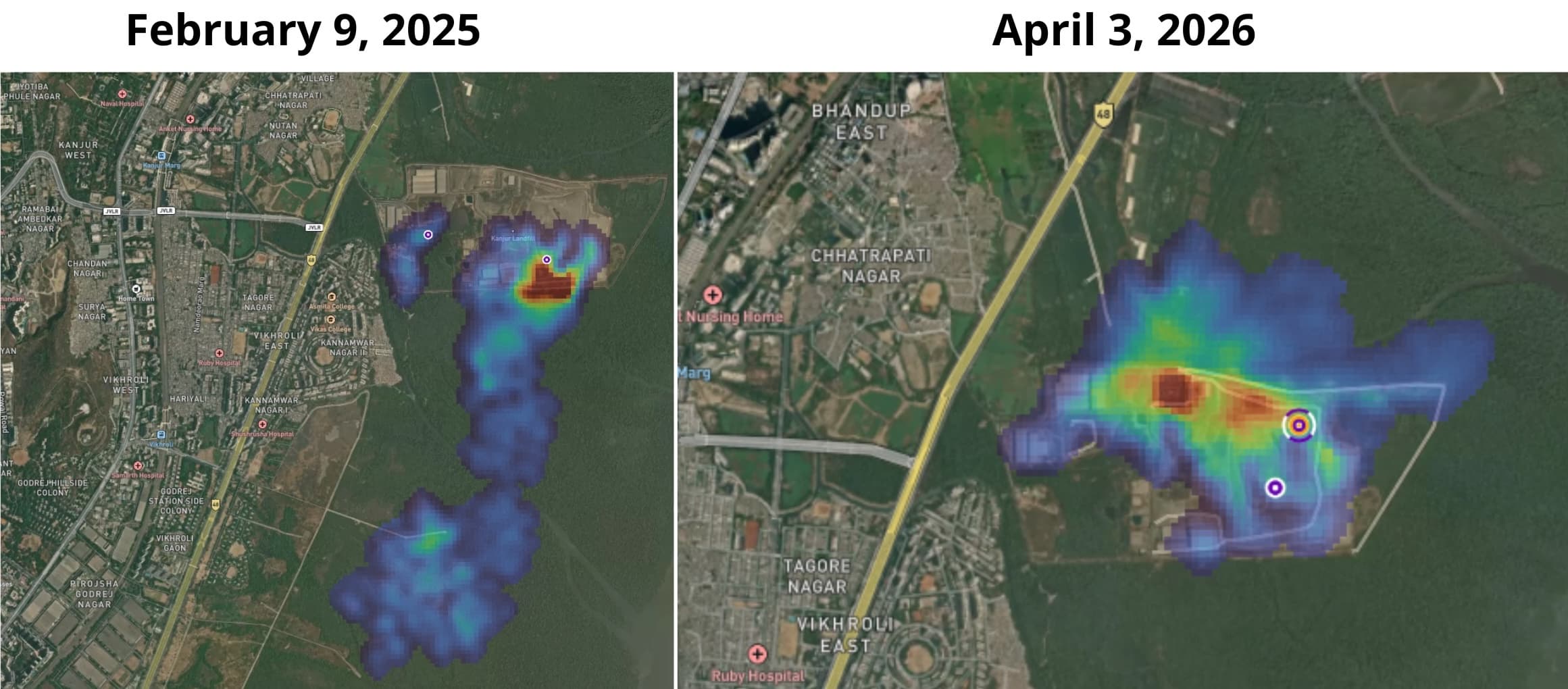Data from Carbon Mapper shows two methane plumes detected at the same landfill on two different dates