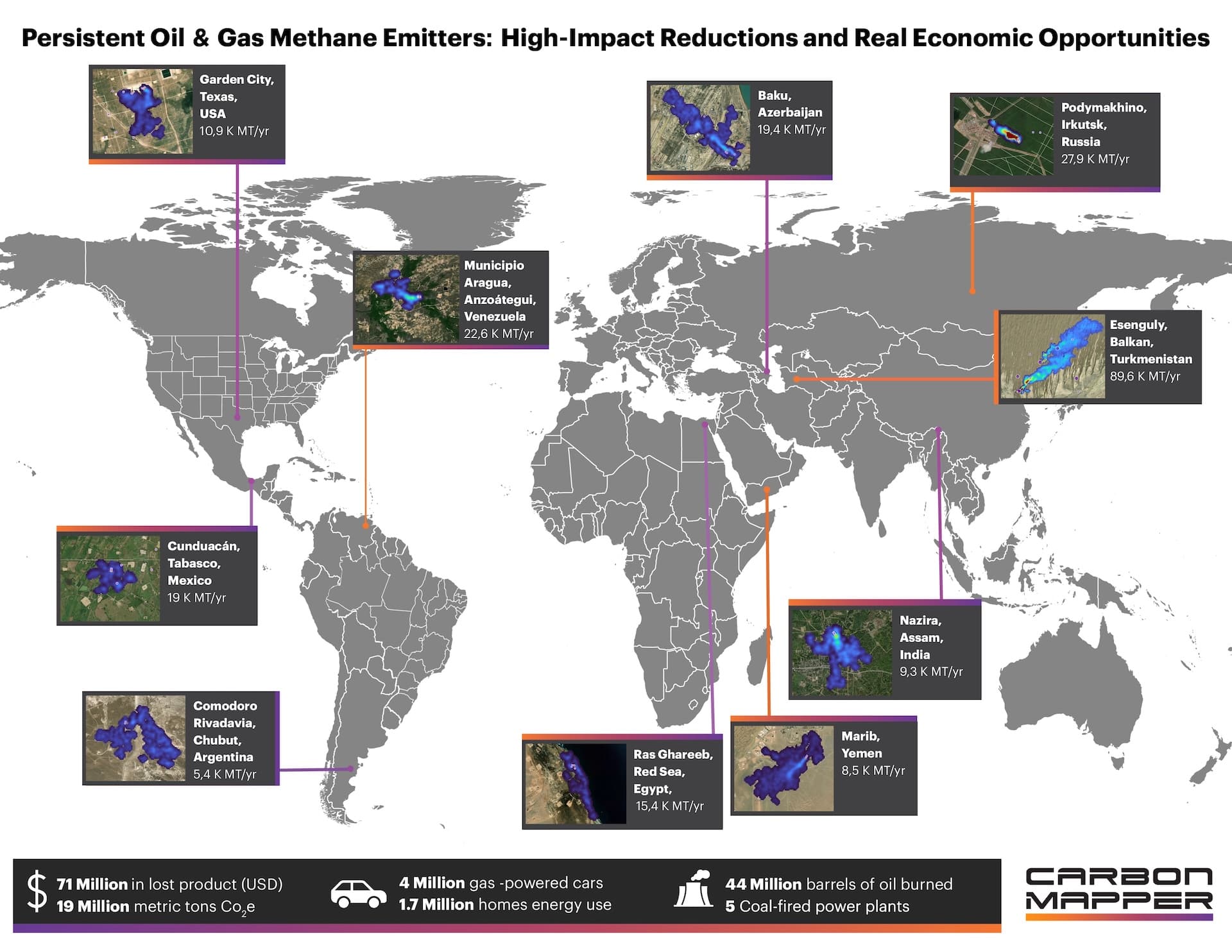 A map of the world highlighting persistent methane plumes from the oil and gas sector, identified on carbon mapper's portal in countries around the world.
