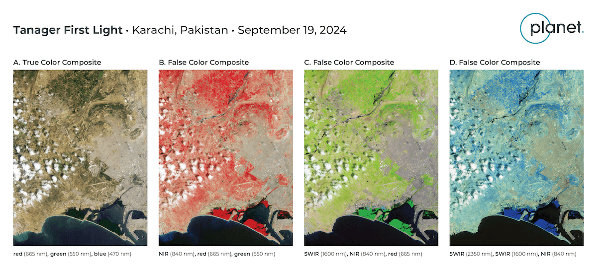 Tanager First Light images of Karachi, Pakistan taken on September 19th, 2024. Each of these images is composed of 3 of the over 400 bands that Tanager collects with each capture. From left to right: (A) A visible-wavelength image using 470 nm for Blue, 550 nm for Green, and 665 nm for Red. (B) A near-infrared false-color image using 550 nm for Blue, 665 nm for Green, and 840 nm for Red. (C) A shortwave infrared false-color image using 665 nm for Blue, 840 nm for Green, and 1600 nm for Red. (D) A second shortwave infrared image using 840 nm for Blue, 1600 nm for Green, and 2350 nm for Red.