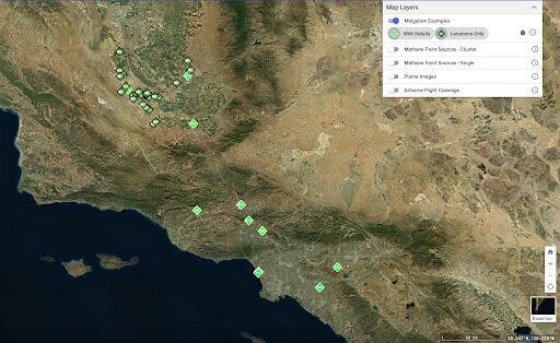 Image showing a Map Layer from the Carbon Mapper Data Portal highlighting methane mitigation examples from 44 sites in California