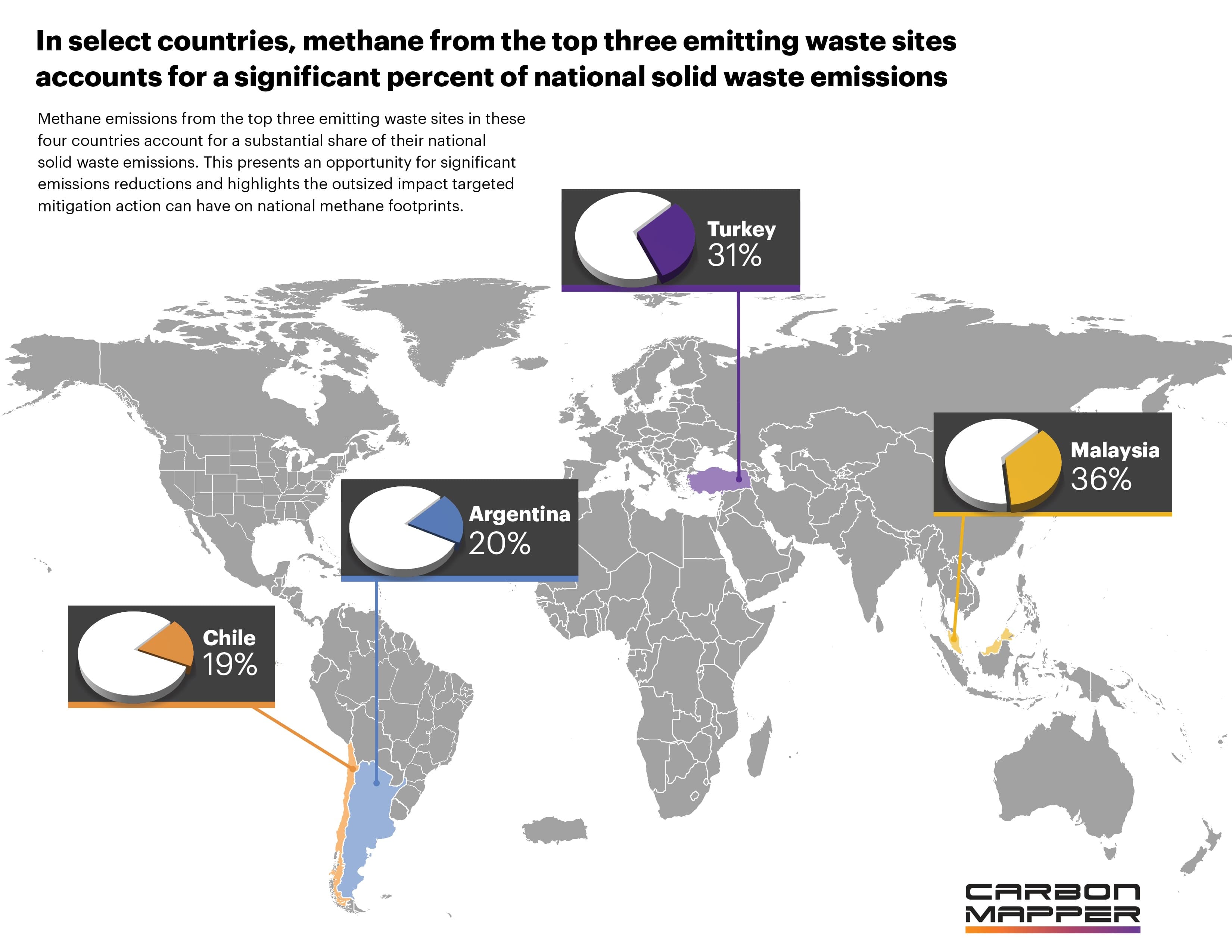 A map of the world highlighting persistent methane emissions from the waste sector, identified on carbon mapper's portal in select countries around the world.