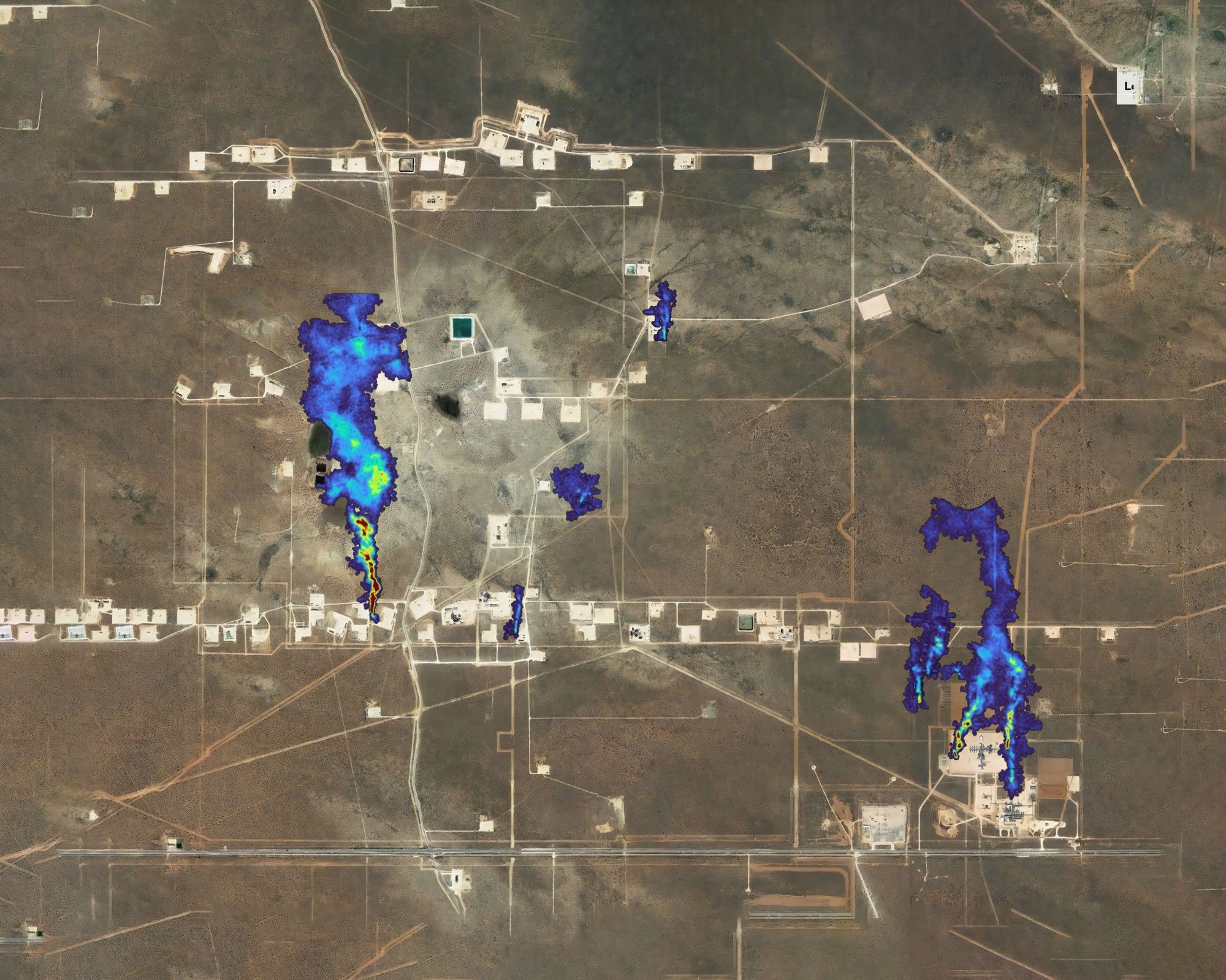 Image of Carbon Mapper's data portal showing a closeup cluster of methane plumes