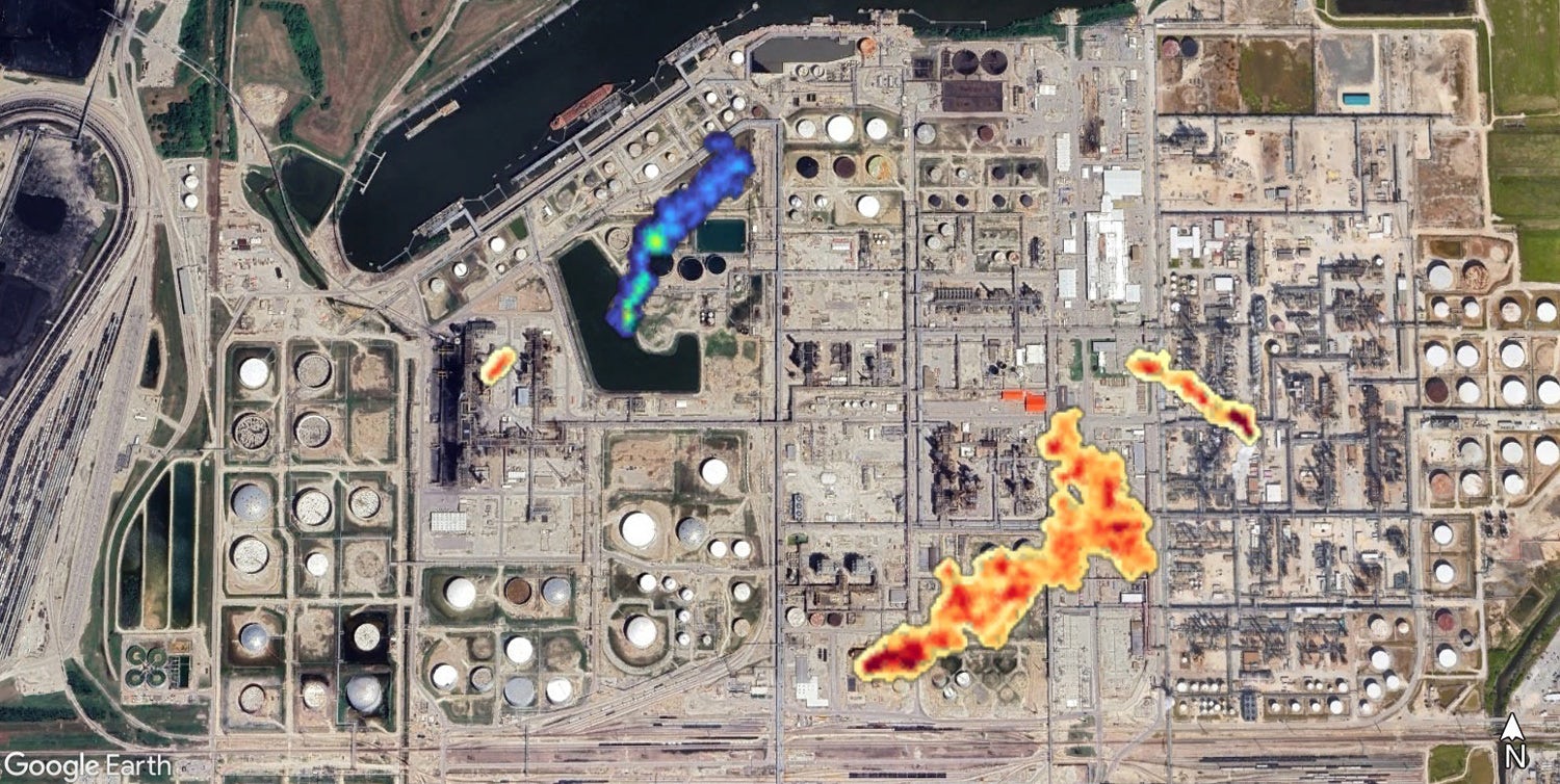 Satellite map view of methane and CO2 plumes