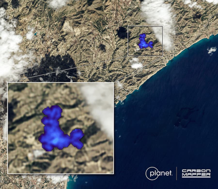 A satellite image from Tanager-2 shows a large methane plume off the coast of Spain