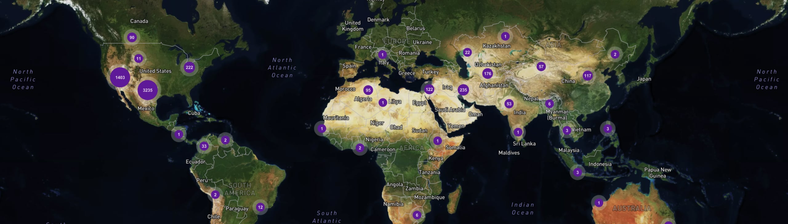 Image of Carbon Mapper's data portal showing source clusters on a global satellite basemap