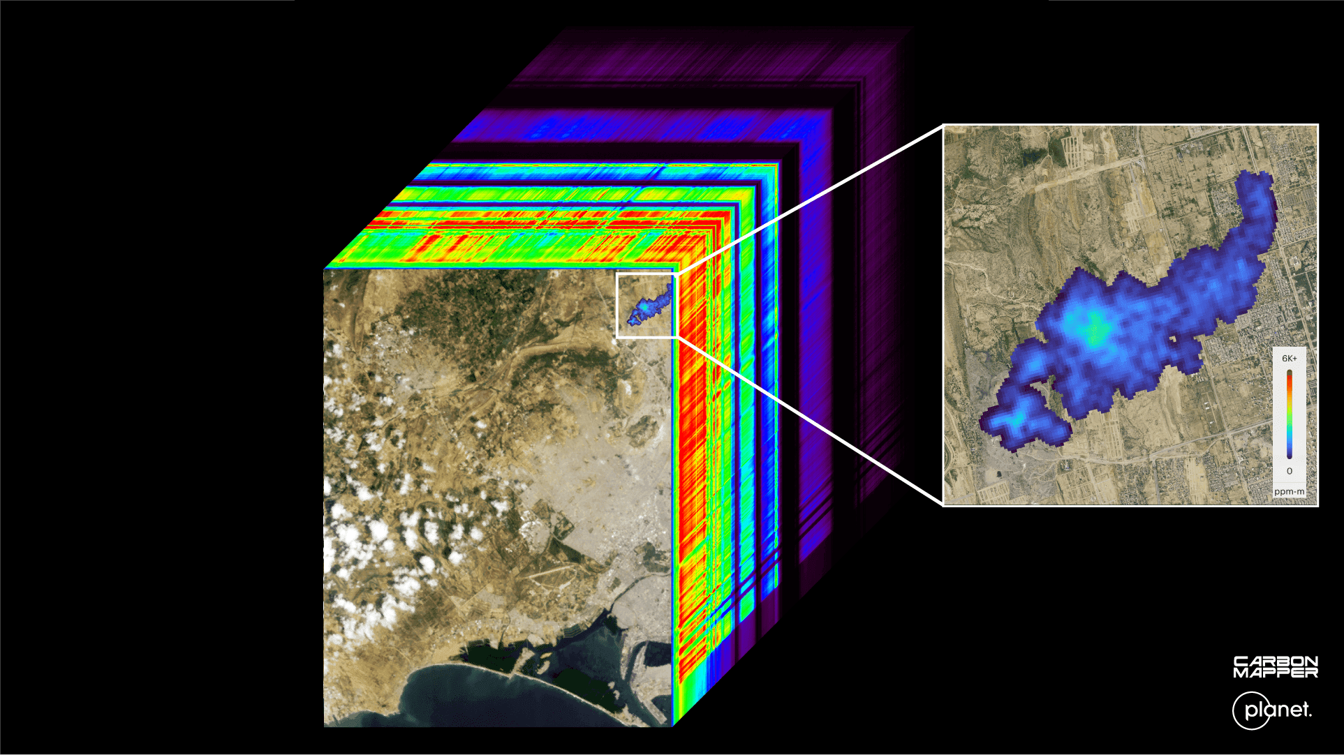 a hyperspectral cube showing a scene detected by tanager-1 satellite and the first methane detection