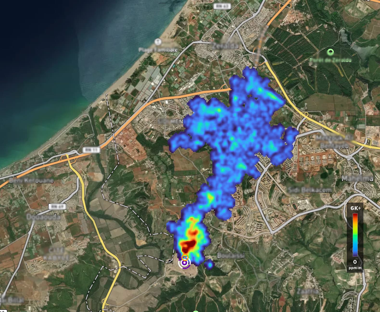 a satellite image shows a plume of methane near Algiers, Algeria and the coastline