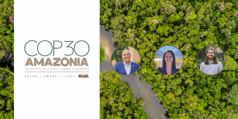 Photos of carbon mapper experts on a background of the amazon and text that says COP20 Amazonia with logos from COP30 leader organizations