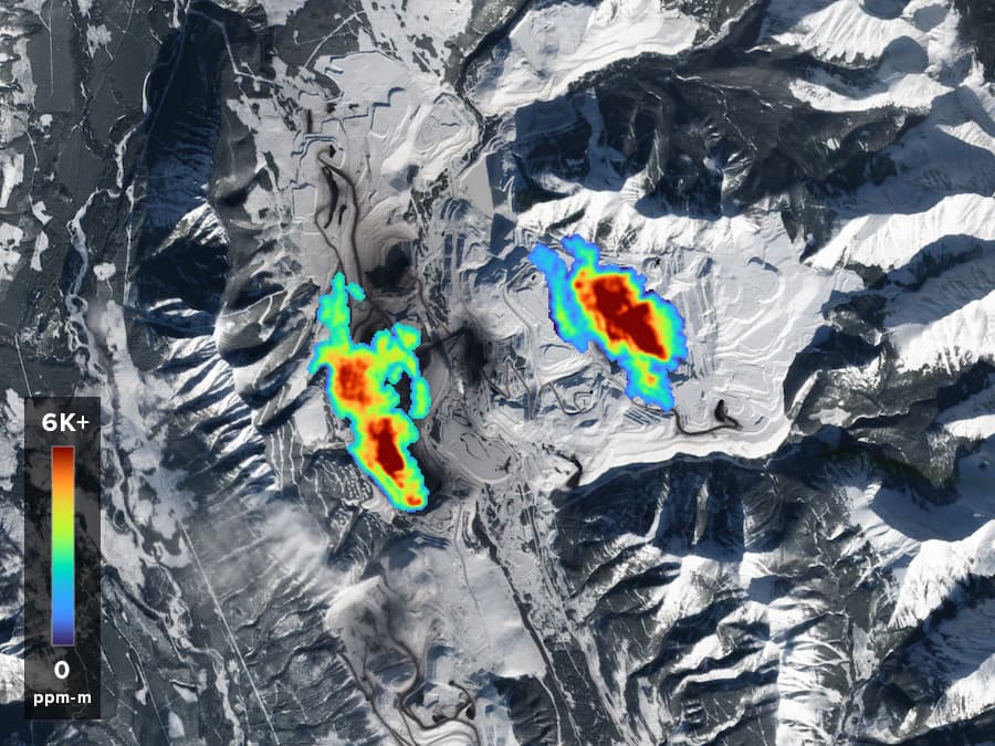 methane plumes with color intensity indicator above snowy background in Canada
