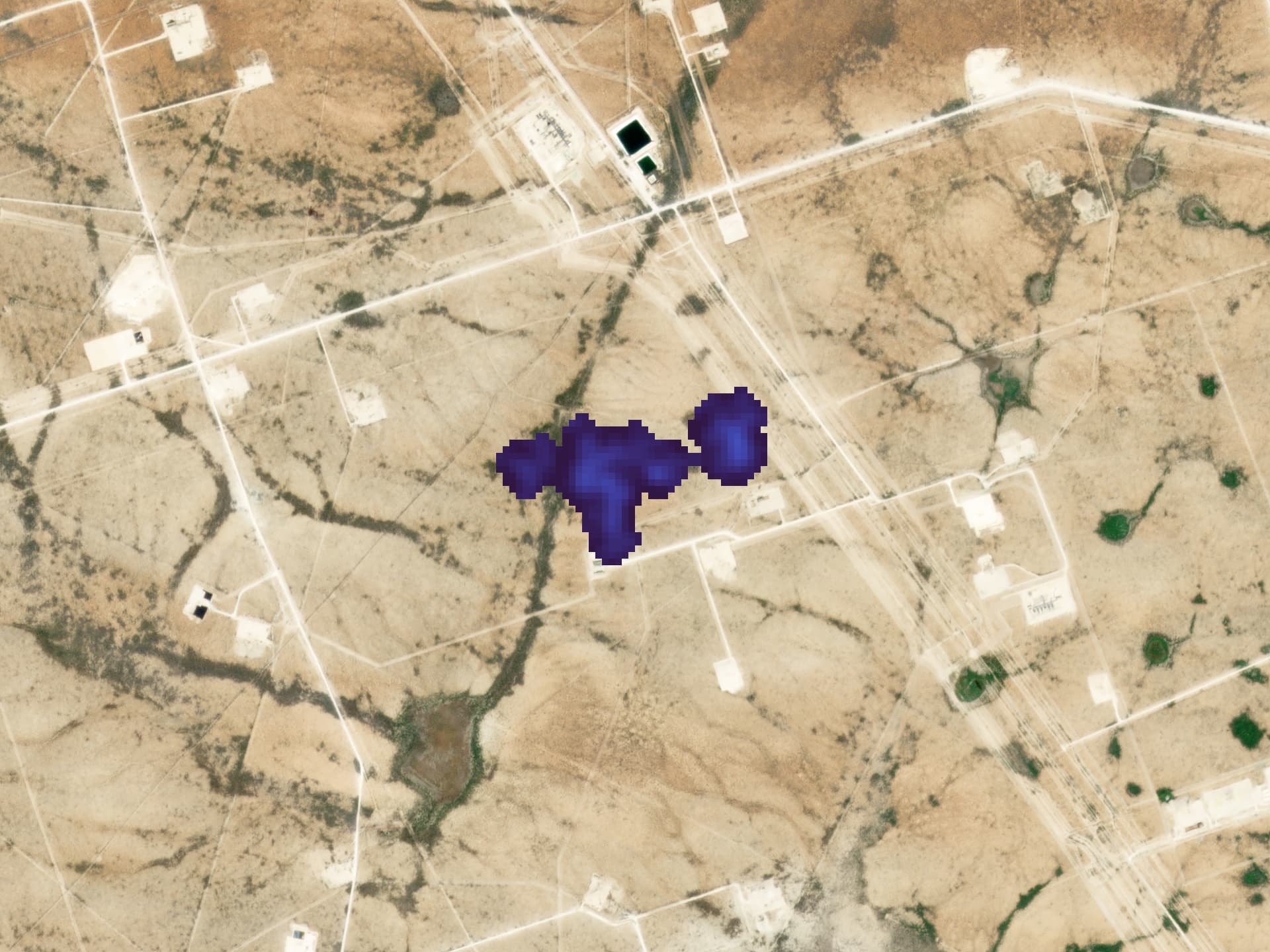 A satellite image from Tanager-2 shows a large oil and gas methane plume in the Texas Permian Basin