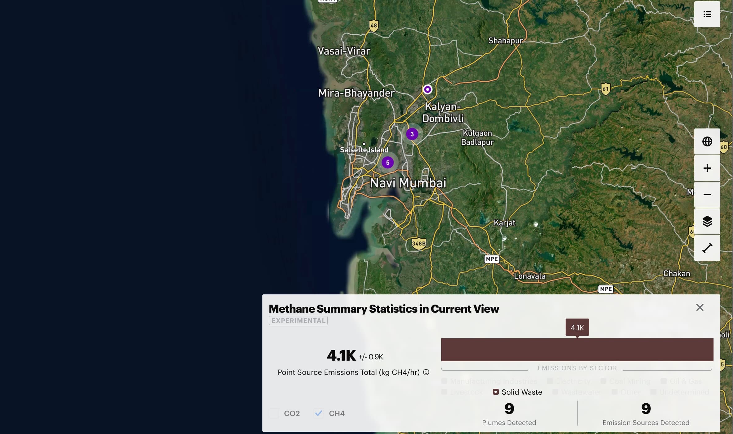 A screenshot of the Carbon Mapper data portal satellite map over Mumbai, India, shows multiple sources of waste methane