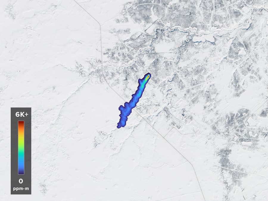 methane plume on a snow-covered satellite background in russia