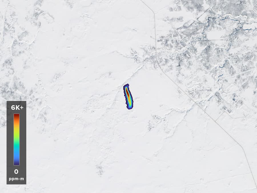 methane plume on a snow-covered satellite background in russia