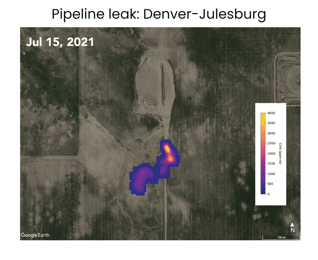 Pipeline leak represented by purple area showing plume in Denver-Julesburg basin, July 2021