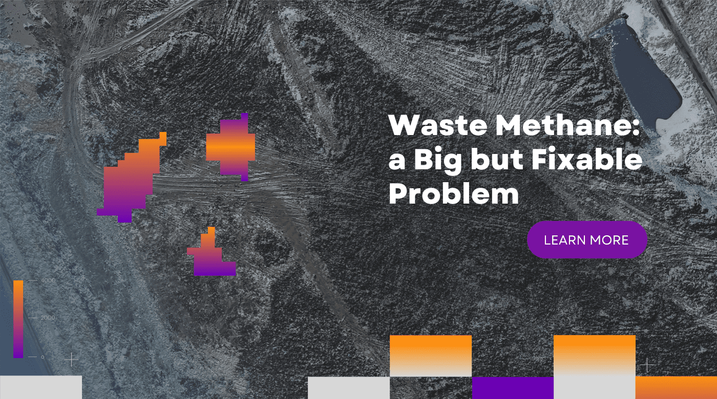 Graphic with background of a landfill site with color-coded methane plume images in splotches and the text: Waste Methane: a Big but Fixable Problem