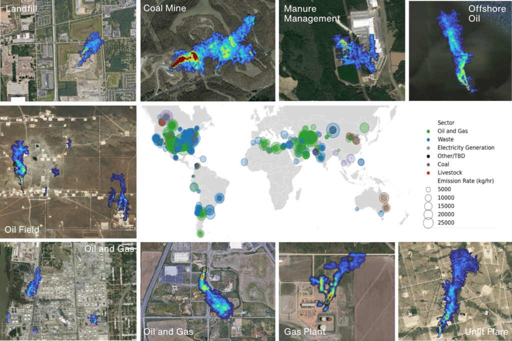 The following image shows a variety of methane plumes tracked at different types of locations or sites. It supplements the adjacent text that explains the purpose and benefit of methane point sources.